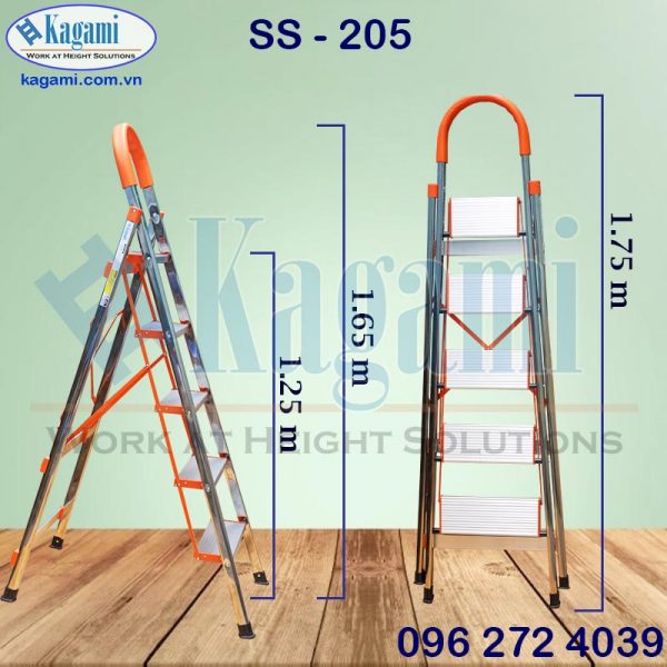 Chiều cao Thang nhôm ghế tay vịn 5 bậc 1m25 Kagami SS -205 Chiều cao Thang nhôm ghế tay vịn 5 bậc 1m25 Kagami SS -205
