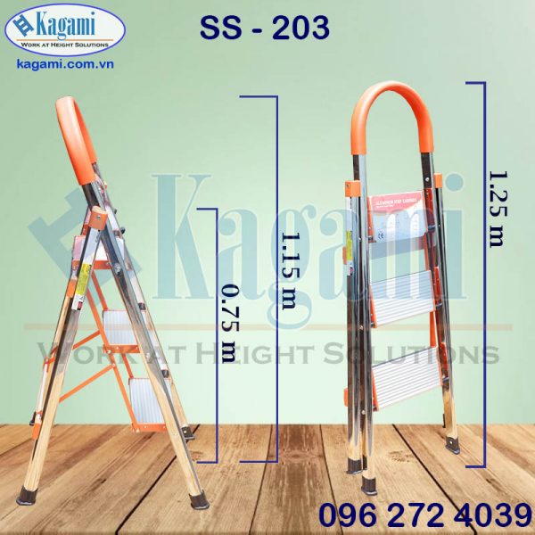 Chiều cao thang nhôm ghế tay vịn inox 3 bậc Kagami 0,75m SS -203 Chiều cao thang nhôm ghế tay vịn inox 3 bậc Kagami 0,75m SS -203