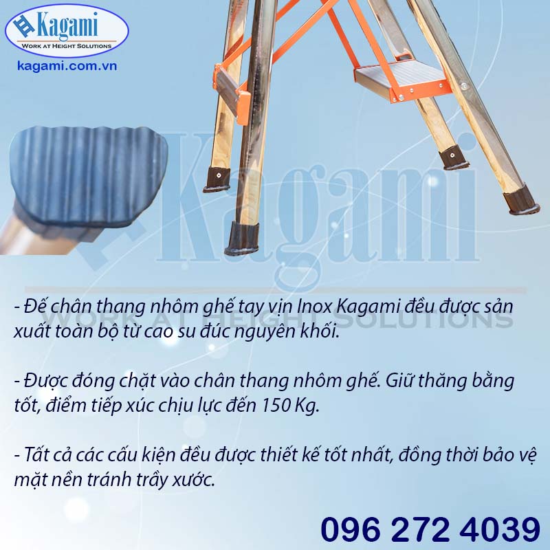 Cấu tạo chân thang nhôm ghế 6 bậc thân inox 1m50 Kagami SS -206 thăng bằng an toàn tốt