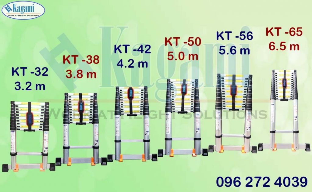 Phân loại thang nhôm rút gọn đơn Kagami 3m2, 3m8, 4m2, 5m, 5m6, 6m5