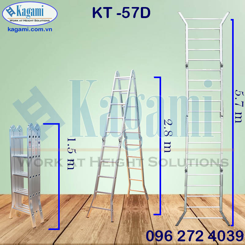 Thông số kỹ thuật thang nhôm gấp xếp 4 đoạn chân duỗi 5m7 Kagami KT -57D chính hãng