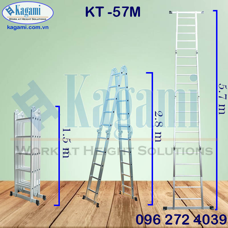 Thông số kỹ thuật thang nhôm gấp xếp khúc chữ M Kagami KT -57M 4 đoạn 5m7