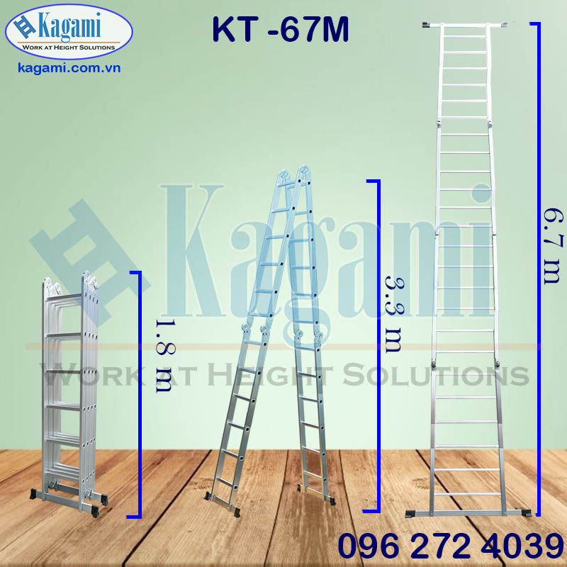 Thông số kỹ thuật thang nhôm gấp xếp chữ M 6m7 Kagami Nhật Bản KT -67M 4 đoạn chân thanh ngang