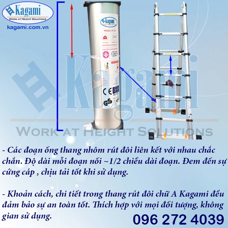 Cấu tạo ống luồn ống thân thang nhôm rút đôi Kagami KT -44AI A=2.2m I=4.4m