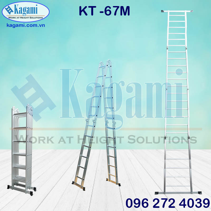 Đại lý thang nhôm gấp xếp 4 đoạn chữ M 6m7 Kagami KT -67M đa năng chân thanh ngang chính hãng giá tốt